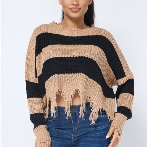WOMEN’S MOCHA BLACK FRAYED FRINGED COLOR BLOCK CROPPED DISTRESSED SWEATER TOP - Picture 8 of 9